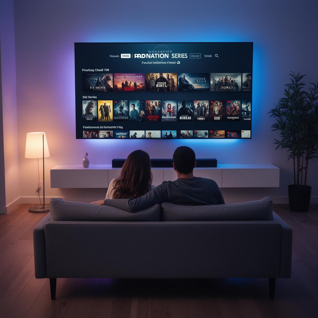 Para oglądająca platformę streamingową na dużym telewizorze w nowoczesnym salonie wieczorem